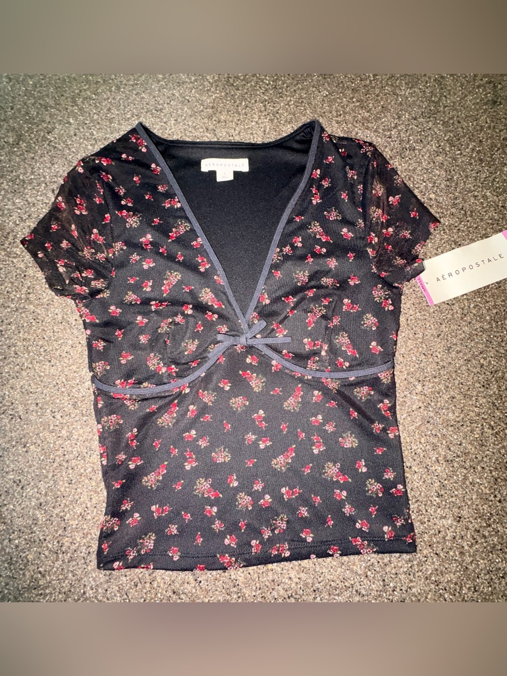 Aeropostale Black Top with Red Floral Print and Tie Front